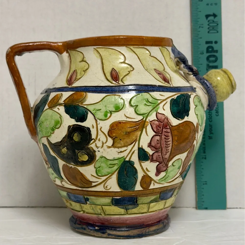 Vintage Italian Maiolica Pottery Ewer Pitcher Hand Painted Folk Art Vase Italy